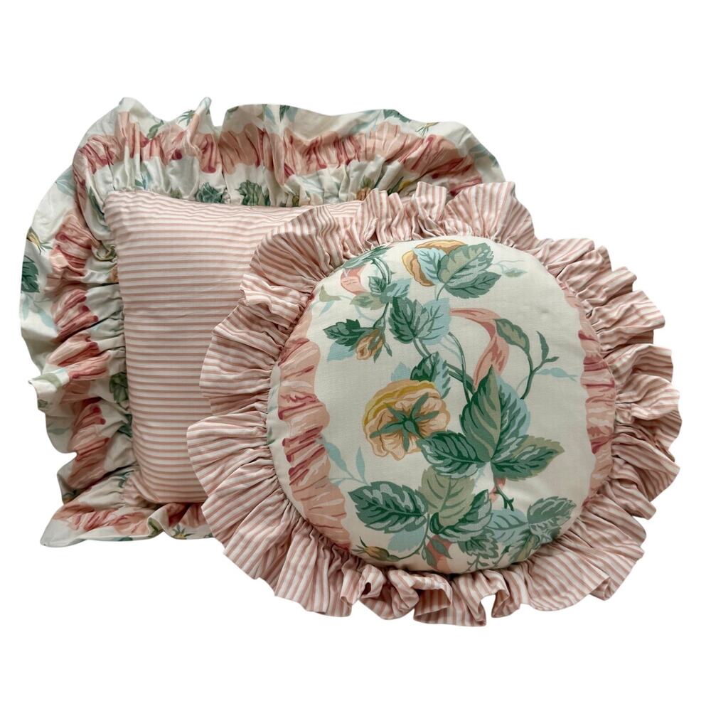 Vintage Cotton Sateen Floral Ruffle‎ Pillow Set Pink Stripe Round Cottage Accent - Picture 8 of 8